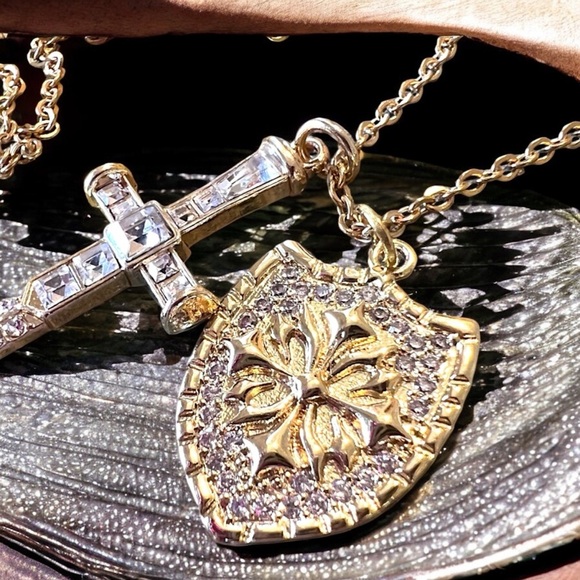 Sparkling Gold Toned Cross Sword Necklace with Shield DND Paladin - Picture 11 of 17